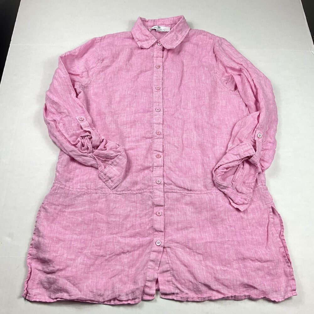 Jean Pierre Klifa Pink Linen Tunic M Button Shirt Long Sleeve Coastal Resort Top